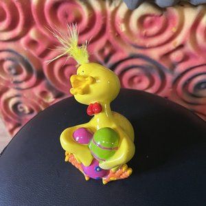 Whimsical Yellow Chick Figurine With Easter Eggs Hand Painted 4" t Chicken Duck